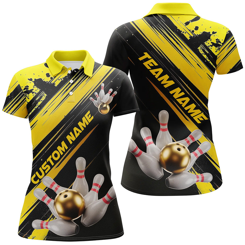 Black And Gold Custom Bowling Shirts For Women, Custom Bowling Uniforms Outfit Bowling IPHW7337