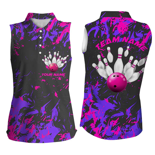 Pink And Purple Custom Camouflage Bowling Shirts For Women, Female Bowling Sleeveless Shirts Outfit IPHW5365