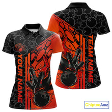 Load image into Gallery viewer, Custom Black And Red Orange Flame Bowling Polo Shirts For Women, Bowling Pattern Shirt IPHW9271