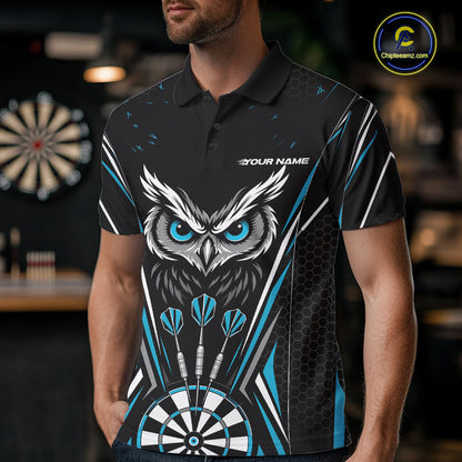 Custom Black And Blue Owl Darts Polo Shirts For Men, Darts Team Jerseys IPHW11723