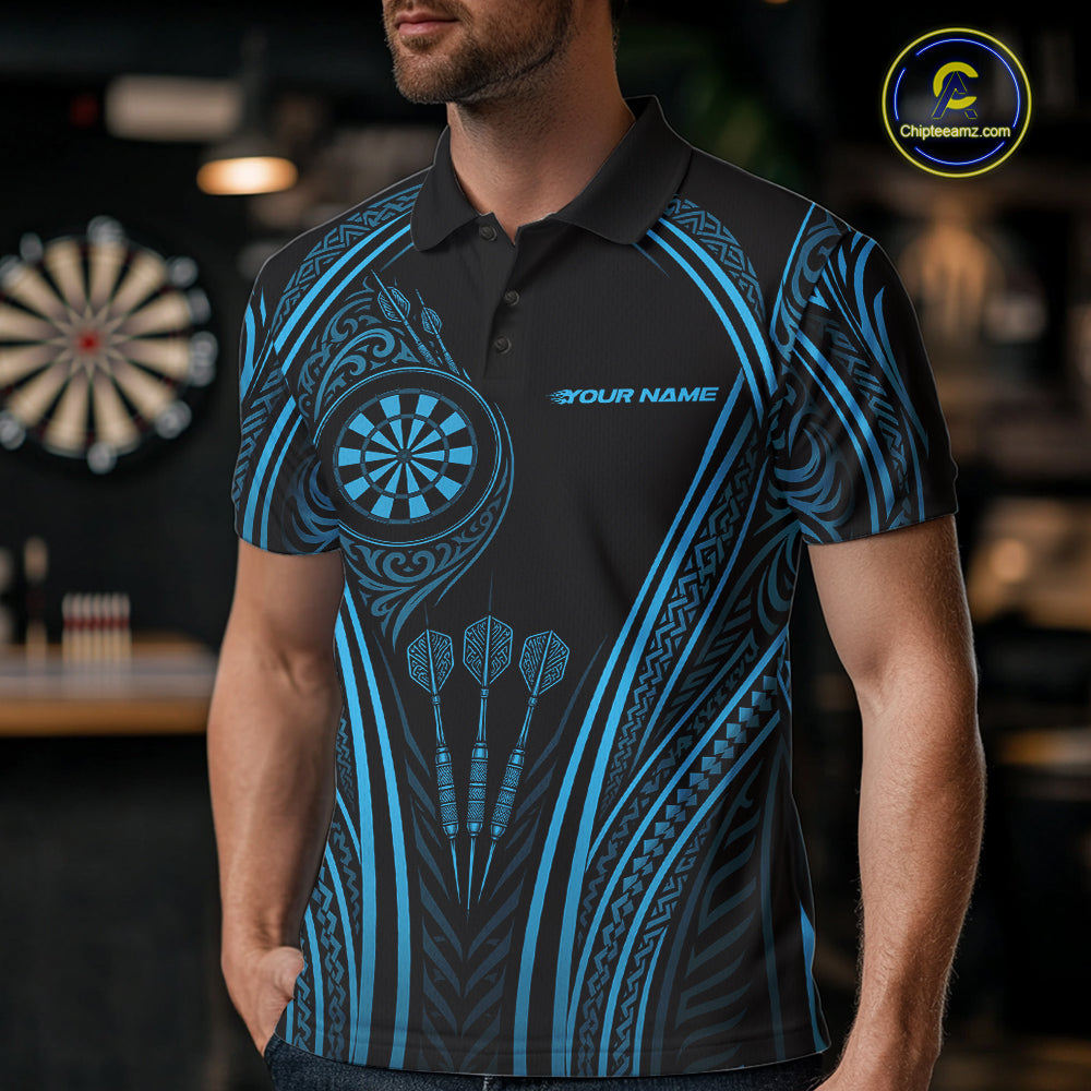 Custom Black And Blue Tribal Owl And Skull Darts Men Polo Shirt, Halloween Darts Outfit IPHW11729