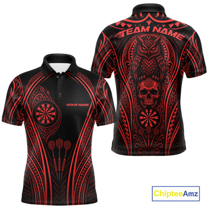 Custom Black And Red Tribal Owl And Skull Darts Men Polo Shirt, Halloween Darts Outfit IPHW11731