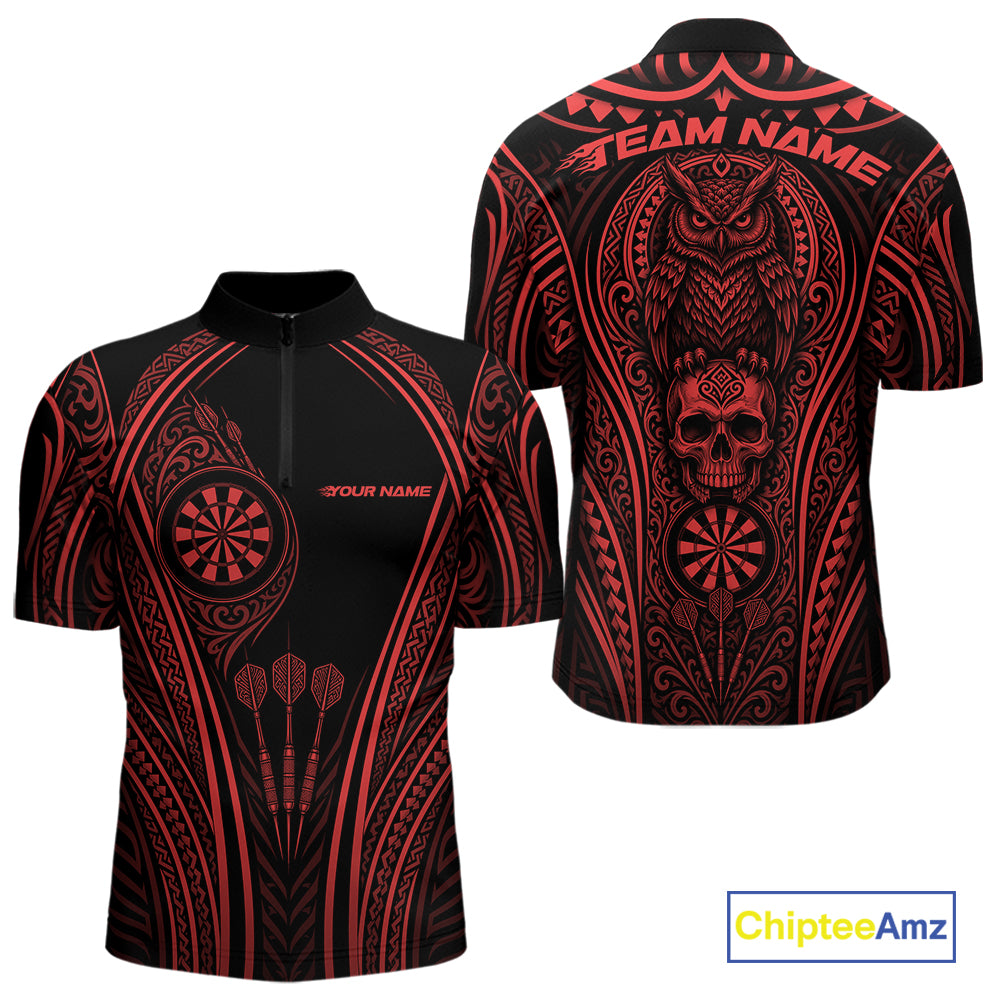 Custom Black And Red Tribal Owl And Skull Darts Men Quarter Zip Shirt, Halloween Darts Outfit IPHW11731