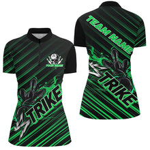 Load image into Gallery viewer, Custom Black And Green Flame Strike Bowling Shirt For Women, Bowling League Bowling Uniform IPHW7340