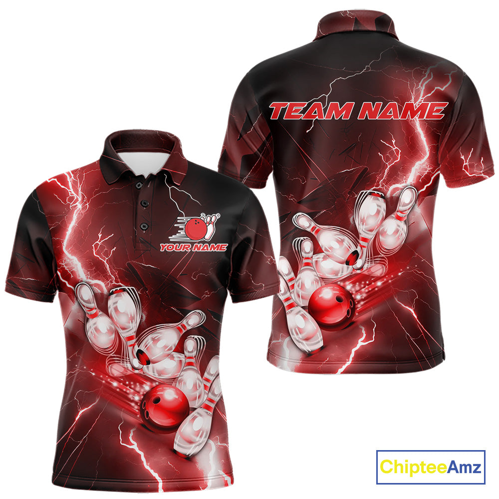 Custom Red Thunder Lightning Bowling Polo Shirts For Men, Bowling League Shirt IPHW9794