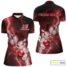 Load image into Gallery viewer, Custom Red Thunder Lightning Bowling Quarter-Zip Shirts For Women, Bowling League Shirt IPHW9794