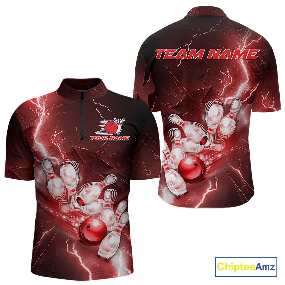 Custom Red Thunder Lightning Bowling Quarter-Zip Shirts For Men, Bowling League Shirt IPHW9794