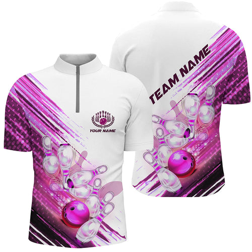Custom Pink Bowling Quarter Zip Shirt For Men, Custom Bowling Uniforms Bowling Men'S Shirts IPHW5372
