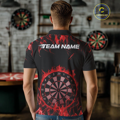 Custom Black And Red Flame Dartboard Dart Polo Shirts For Men, Dart Players Outfits IPHW9963