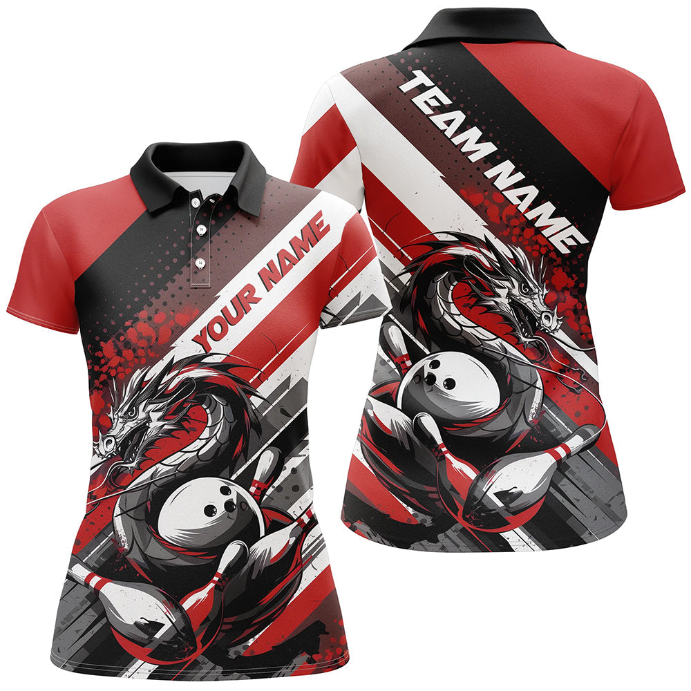 Black And Red Custom Dragon Bowling Polo Shirts For Women, Dragon Bowling League Shirt IPHW8070