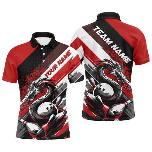 Black And Red Custom Dragon Bowling Polo Shirts For Men, Dragon Bowling League Shirt IPHW8070