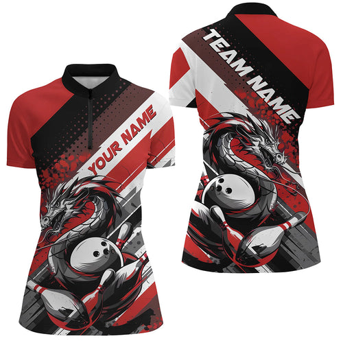 Black And Red Custom Dragon Bowling Quarter-Zip Shirts For Women, Bowling League Shirt IPHW8070
