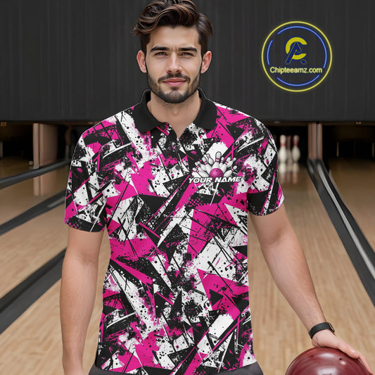 Custom Graffity Pink Camo Bowling Team Men Polo Shirts, Camouflage Bowling Jerseys IPHW10214