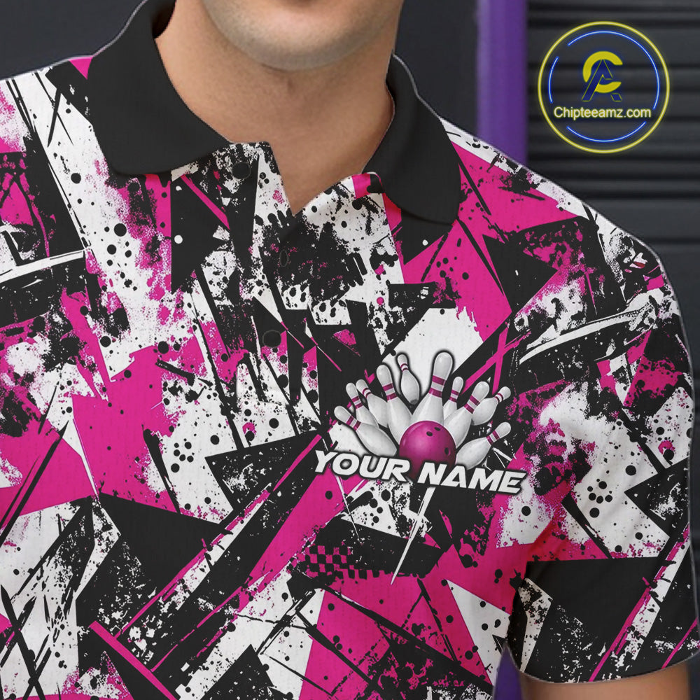 Custom Graffity Pink Camo Bowling Team Men Polo Shirts, Camouflage Bowling Jerseys IPHW10214