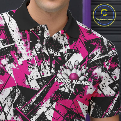 Custom Graffity Pink Camo Bowling Team Men Polo Shirts, Camouflage Bowling Jerseys IPHW10214