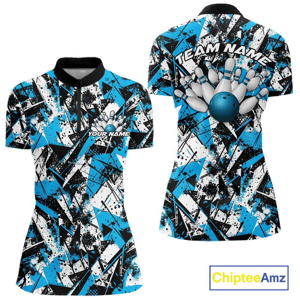 Custom Graffity Blue Camo Bowling Team Women Shirts, Camouflage Bowling Jerseys IPHW10215
