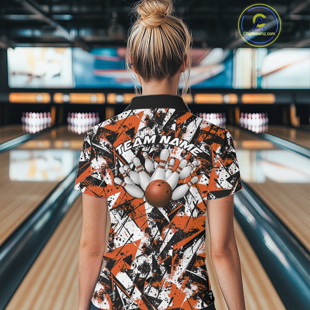 Custom Graffity Orange Camo Bowling Team Women Polo Shirts, Camouflage Bowling Jerseys IPHW10216