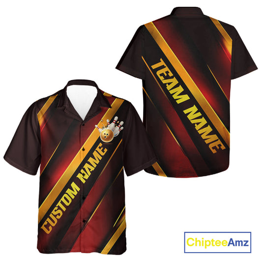 Custom Red And Gold Bowling Tournament Shirts For Men And Women With Name, Bowler Outfit IPHW10645