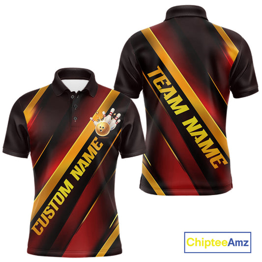 Custom Red And Gold Bowling Tournament Shirts For Men And Women With Name, Bowler Outfit IPHW10645