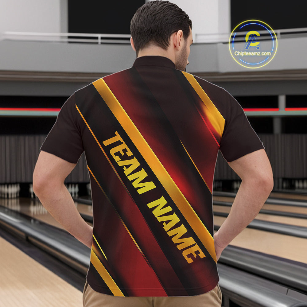 Custom Red And Gold Bowling Tournament Shirts For Men And Women With Name, Bowler Outfit IPHW10645