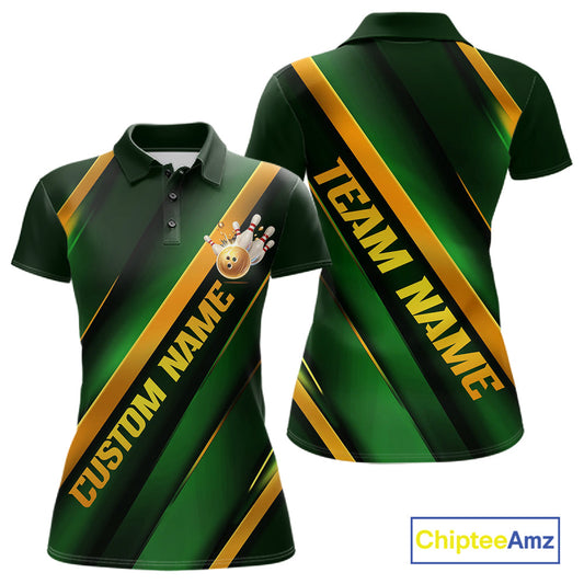 Custom Green And Gold Bowling Tournament Shirts For Women With Name, Bowler Outfit IPHW10647