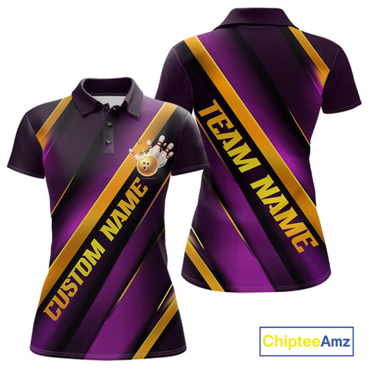 Custom Purple And Gold Bowling Tournament Shirts For Women With Names IPHW10648