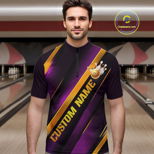 Custom Purple And Gold Bowling Tournament Shirts For Men And Women With Names IPHW10648