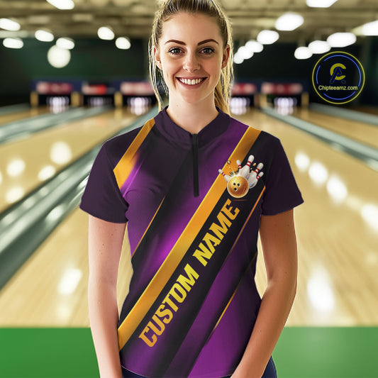 Custom Purple And Gold Bowling Tournament Shirts For Women With Names IPHW10648