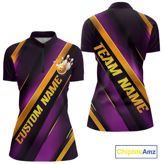 Custom Purple And Gold Bowling Tournament Shirts For Women With Names IPHW10648