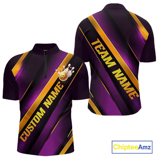 Custom Purple And Gold Bowling Tournament Shirts For Men And Women With Names IPHW10648