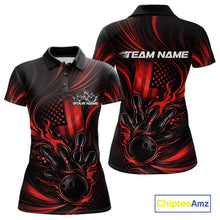 Load image into Gallery viewer, Front and back display of a black and red womens bowling polo shirt featuring patriotic flames and a bowling ball striking pins with distressed flag accents.