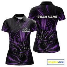 Load image into Gallery viewer, Front and back mockup of a black and purple womens bowling polo shirt featuring patriotic flames and a bowling ball knocking down pins over a distressed flag background.