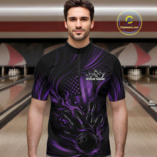 Load image into Gallery viewer, Custom Purple Patrotic Flame Bowling Men Quarter-Zip Shirt, US Flag Bowling Team Jersey IPHW11162