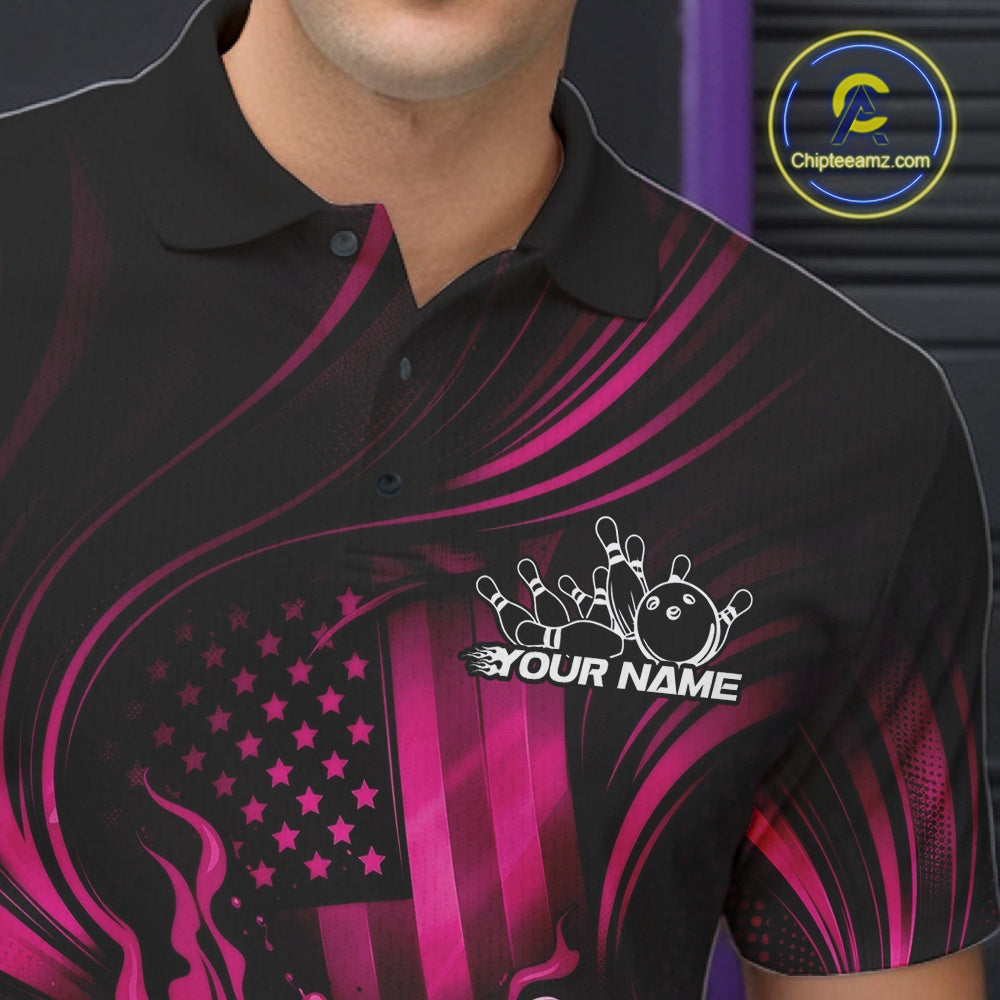 Close-up of a black and pink bowling polo shirt left chest showcasing patriotic flames and bowling strike graphics.
