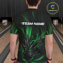 Load image into Gallery viewer, Custom Green Patrotic Flame Bowling Men Polo Shirt, US Flag Bowling Team Jersey IPHW11164