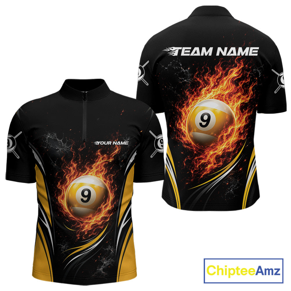 Custom Black And Yellow Flame 9 Ball Billiards Jersey, Pool Team Men Quarter Zip Shirt IPHW11749