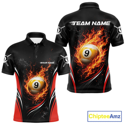 Custom Black And Red Flame 9 Ball Billiards Jersey, Pool Team Men Polo Shirt IPHW11750