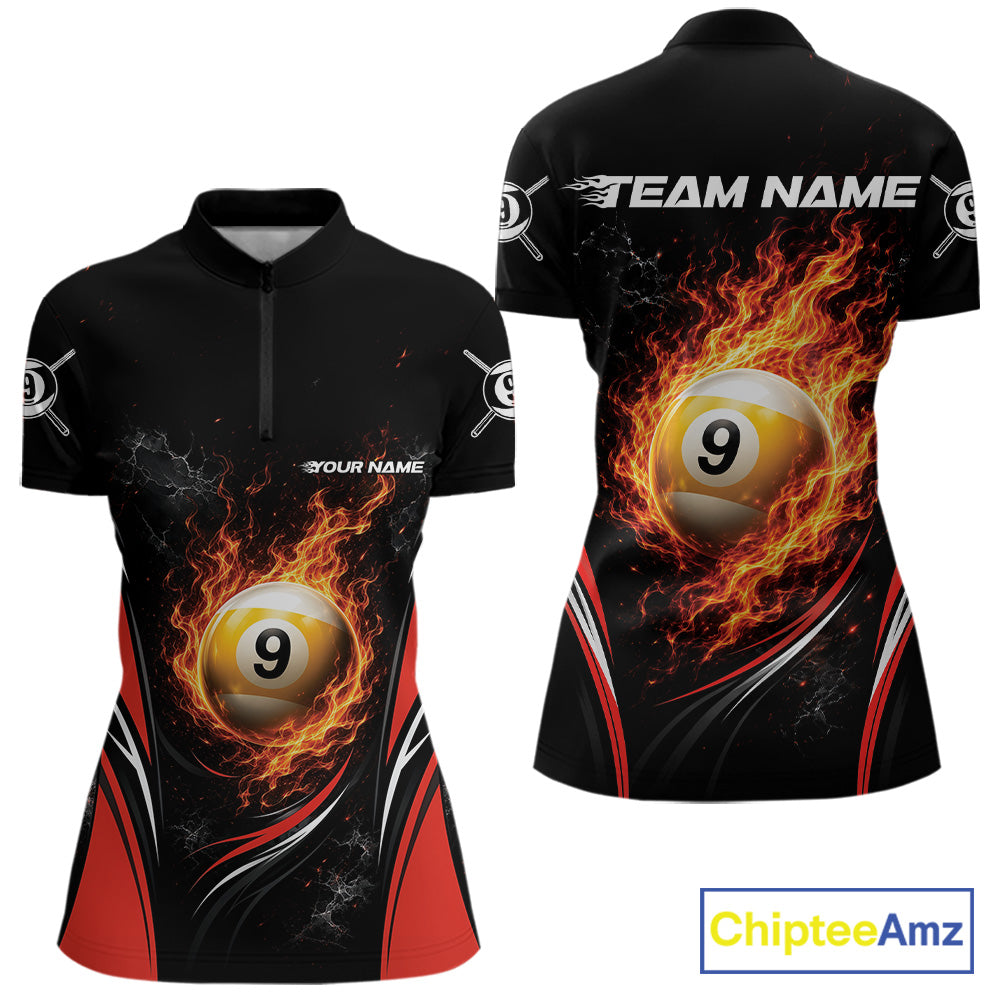 Custom Black And Red Flame 9 Ball Billiards Jersey, Pool Team Women Quarter-Zip Shirt IPHW11750