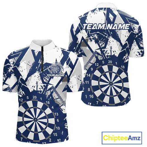 Custom Grunge Splatter Blue And White Dartboard Dart Team Men Quarter-Zip Shirts, Dart Jerseys IPHW9971