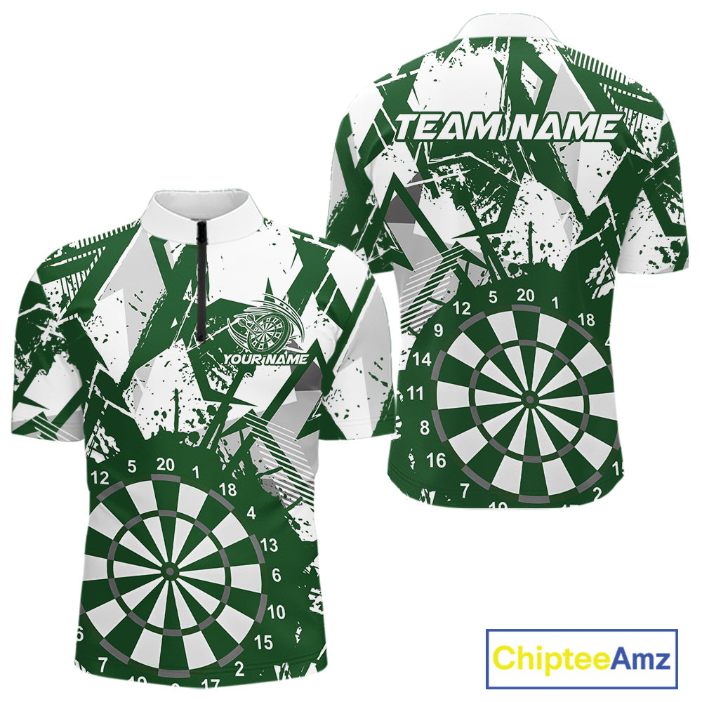 Custom Grunge Splatter Green And White Dartboard Dart Team Men Quarter-Zip Shirts, Dart Jerseys IPHW9972