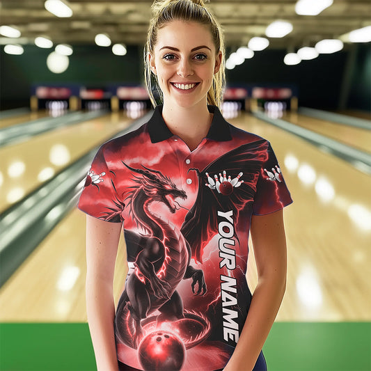 Custom Red Thunder Lightning Dragon Bowling Polo Shirts For Women, Dragon Bowling Uniform IPHW8303