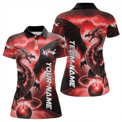 Custom Red Thunder Lightning Dragon Bowling Polo Shirts For Women, Dragon Bowling Uniform IPHW8303