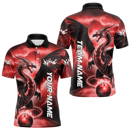 Custom Red Thunder Lightning Dragon Bowling Polo Shirts For Men, Dragon Bowling Uniform IPHW8303