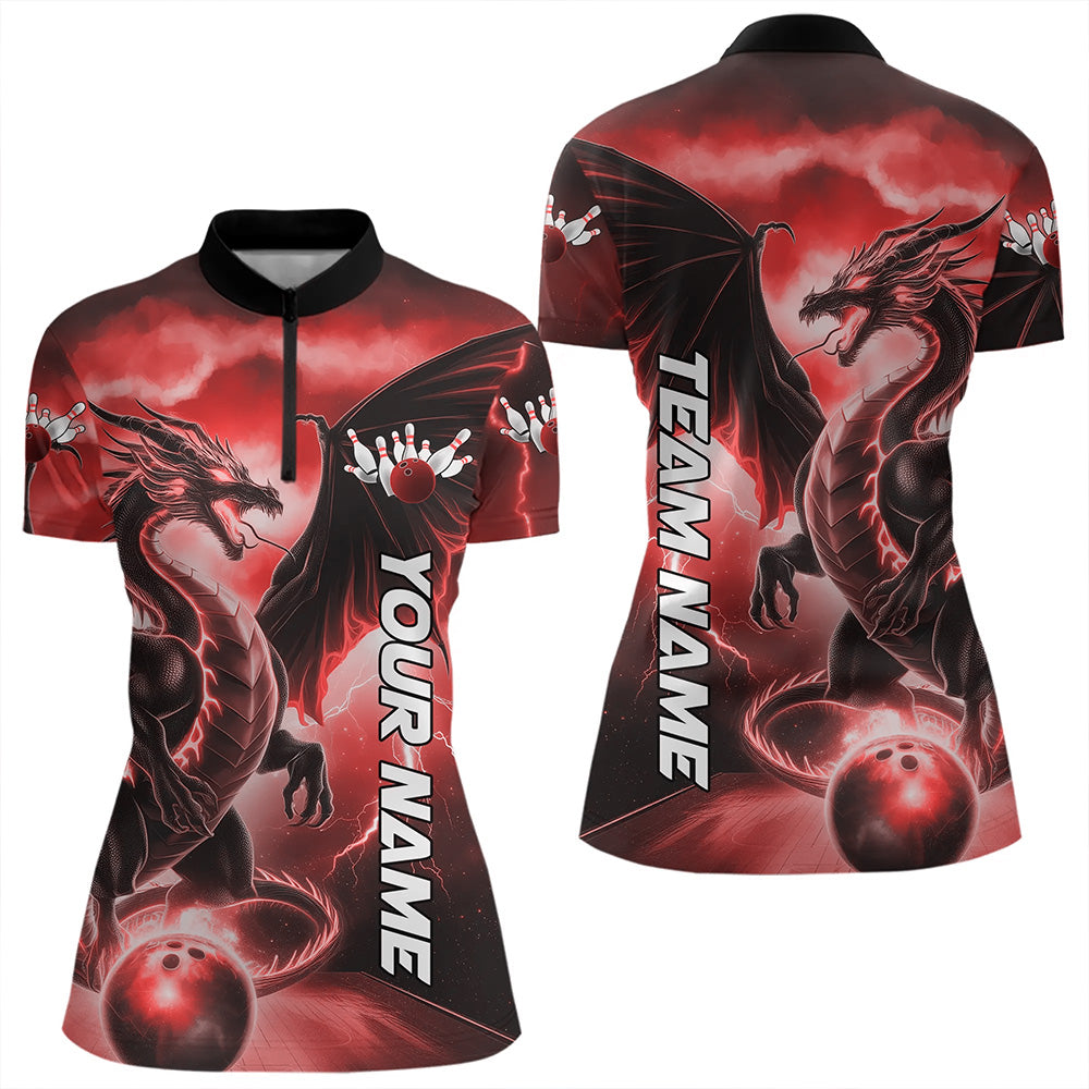 Custom Red Thunder Lightning Dragon Bowling Quarter-Zip Shirts For Women Bowling Uniform IPHW8303