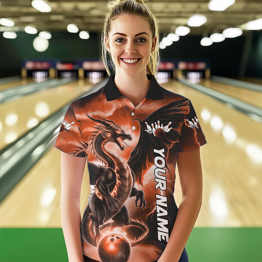 Custom Orange Thunder Lightning Dragon Bowling Polo Shirt For Women, Dragon Bowling Uniform IPHW8304