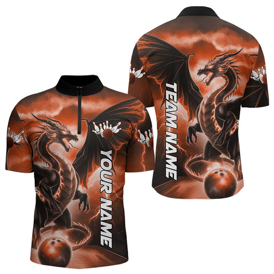 Custom Orange Thunder Lightning Dragon Bowling Quarter-Zip Shirts For Men, Dragon Bowling Uniform IPHW8304