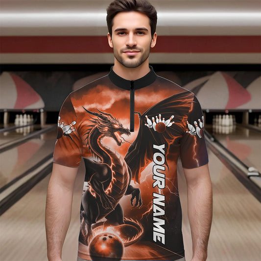 Custom Orange Thunder Lightning Dragon Bowling Quarter-Zip Shirts For Men, Dragon Bowling Uniform IPHW8304
