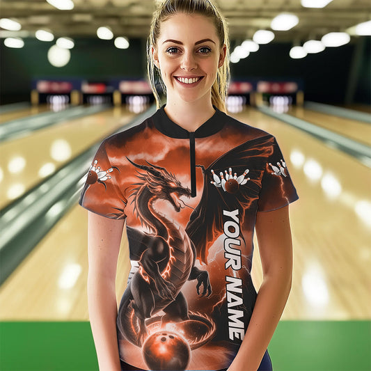 Custom Orange Thunder Lightning Dragon Bowling Quarter-Zip Shirts For Women Bowling Uniform IPHW8304