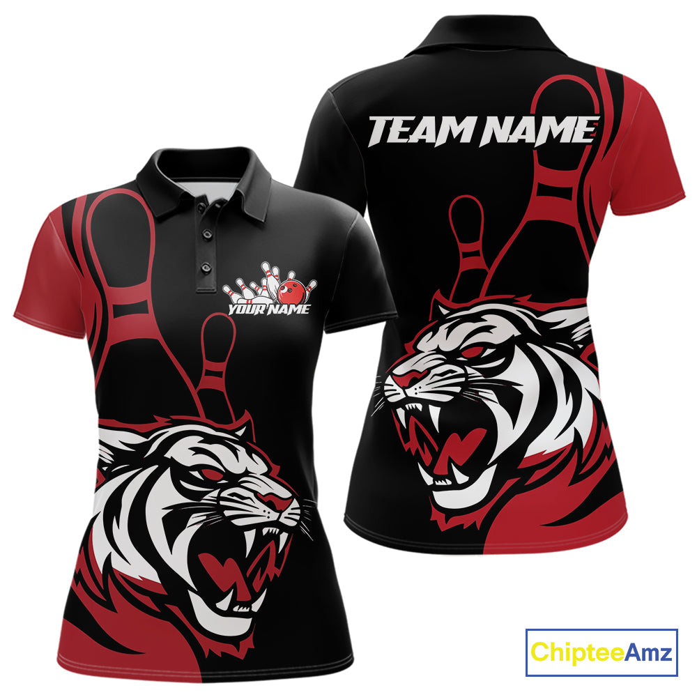 Custom Black And Red Tiger Bowling Jerseys, Tiger Bowling Team Women Polo Shirts IPHW9014
