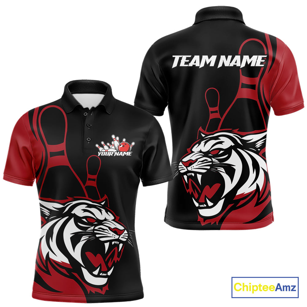 Custom Black And Red Tiger Bowling Jerseys, Tiger Bowling Team Men Polo Shirts IPHW9014